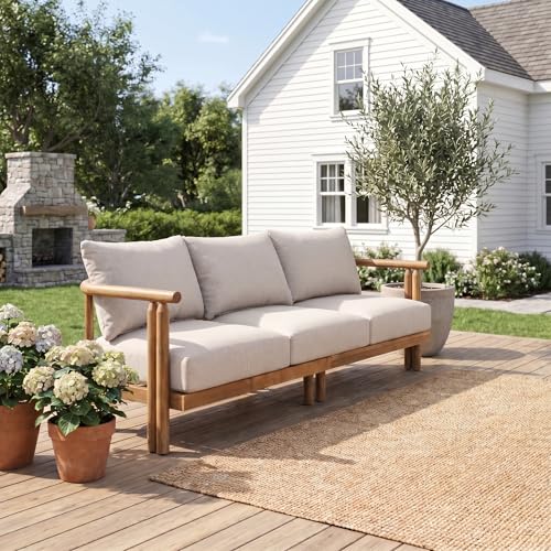 GDFStudio Acacia Wood 3-Seater Sofa Outdoor, 74'' Patio Acacia Wood Sofa Chair, Curved Wooden Lounge Seating for Backyard Garden, Outdoor Entertaining Furniture, Light Teak+Beige