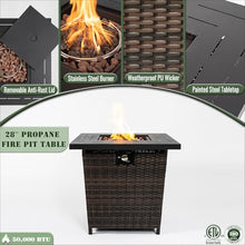 28" Propane Fire Pit Table, 50,000 BTU Square Gas Fire Pit with Steel Top & Wicker Base, Outdoor Fireplace Patio Propane Heater for Deck, Garden, Backyard, Black Brown