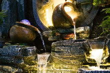 Elegant Multi-Flow Cement Water Fountain with Decorative Plants, LED Lights, and Traditional Aesthetic - Ideal for Indoor and Outdoor Spaces, 77 inch Long, 71 inch Tall