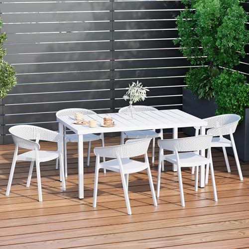 Costaelm Outdoor Patio Dining Set, 7 piece Dining Table Set, Breakfast Coffee Bar Table and Chairs of 6, Stackable Dining Side Chair, Patio Bistro Deck Furniture, White