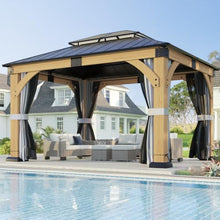10x12 ft Wood Gazebo with Curtains & Mosquito Netting, Hardtop Gazebo with Galvanized Steel Double Roof, Heavy Duty Pavilion for Patio Lawn and Garden
