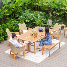 Cambridge Casual Sydney 6 Piece Teak Outdoor Dining Set with Extendable Dining Table, Includes 4 Wicker Dining Chairs with Seatpad, Bench, and Extendable Dining Table with Umbrella Hole