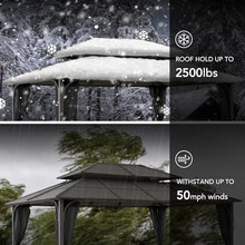 Sunjoy Hardtop Gazebo 12x16 ft Outdoor Heavy Duty Steel Frame Double Tiered with Ceiling Hook and Removable Netting Brown