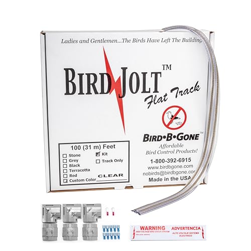 Bird B Gone - Bird Jolt Flat Track Kit (Clear) - 100' - Low-Profile Electric Bird Deterrent - Virtually Invisible Behavior Modification - for Ledges, Signs & Roofs