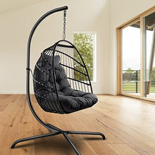 Hanging Swing Egg Chair with Stand, Indoor Outdoor Wicker Rattan Patio Basket Hanging Chair, Metal Frame Hammock Chair Cushion and Pillow, Patio Wicker Folding Hanging Chair, 350LBS Capacity