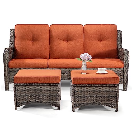 MeetLeisure Patio Furniture Set 3-Piece Wicker Outdoor Furniture Conversational Sets with 3-Seat Sofa, 2 Ottoman Patio Rattan Wicker Sectional Sofa Set with Olefin Cushions, Orange