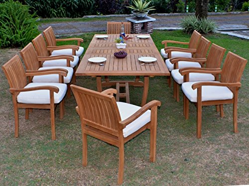TeakStation 10 Seater Grade-A Teak Wood 11pc Dining Set: 94" Mas Rectangle Table and 10 Napa Stacking Arm Chairs #TSDSNPg