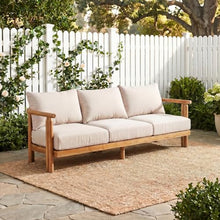 Christopher Knight Home Acacia Wood 3-Seater Sofa Outdoor, 74'' Patio Acacia Wood Sofa Chair, Curved Wooden Lounge Seating for Backyard Garden, Outdoor Entertaining Furniture, Light Teak+Beige