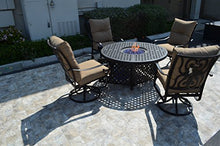 Santa Anita Outdoor Patio 6 Swivel Rocker Chairs and Round 52" Fire Pit Coffee Table Dark Bronze Cast Aluminum Premium Fabric Linen Sesame Cushions