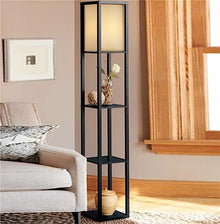 BIOMICE Dimmable Floor Lamp Wooden Floor Lamp with Shelves Modern Standing Light Fabric Lampshade Floor Lamps for Living Room Bedroom Floor Light(A-Black)