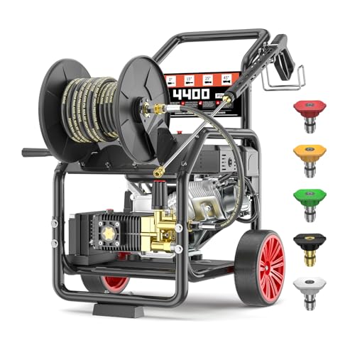 TechSweepPro 4400PSI Gas Pressure Washer with Hose Reel, One-Button Start 420cc 15HP 4-Cycle Engine, 4.5 GPM Heavy Duty Power Washer with 50FT 3/8" Hose, Spray Gun & Wand, 5 Quick Connect Nozzles