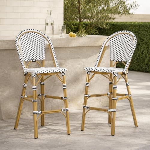 OROTLECT French Bistro Bar Stools Set of 2, 29.5 Inch PE Wicker Bar Height Stools with Backrest, Lightweight Aluminum Frame, Black White Woven Bar Chairs for Kitchen Island Patio Café Bar