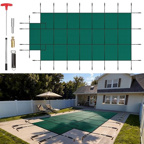 VEVOR Pool Safety Cover, Fits 16x32ft Rectangular Inground Winter Swimming Pools, with 4x8ft Center End Step, Triple Stitched, High Strength Mesh PP, Great Rain Permeability, Installation Hardware