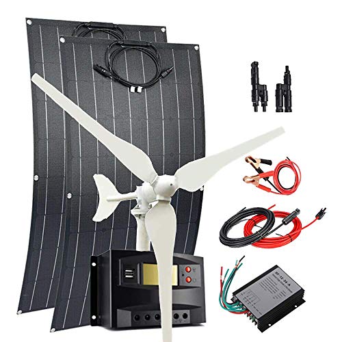 300W Solar Wind Power Kit Battery Charging System: 100W Wind Turbine Generator + 2pcs 100W Flexible Mono Solar Panel(Bump Surface) + Wind Controller + Solar Charge Regulator + Cables