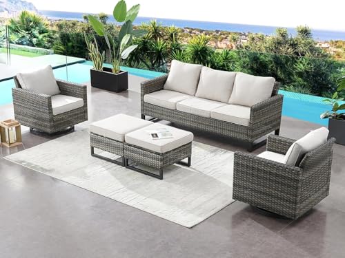 HTERWQEA Patio Furniture Set 5 Piece Outdoor PE Rattan Sectional Sofa, Conversation with Thick Cushions and Wood-Like Coffee Table, Couch for Garden Porch