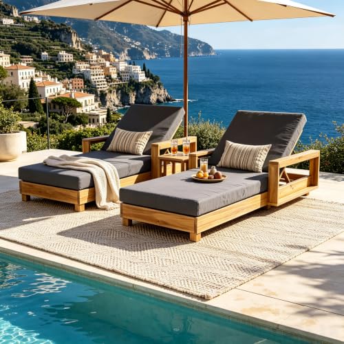 Merax Acacia Wood Chaise Lounge with 2 Double-Fold Cushion, Dark Gray