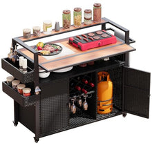 Doredo Wicker Outdoor Grill Cart with Extended Wood-Plastic Table Top, Outdoor Grill Table for Food Prep, Kitchen Island on Wheels with Storage Cabinet for Patio Backyard Garden Poolside, Black