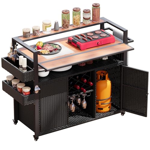 Doredo Wicker Outdoor Grill Cart with Extended Wood-Plastic Table Top, Outdoor Grill Table for Food Prep, Kitchen Island on Wheels with Storage Cabinet for Patio Backyard Garden Poolside, Black