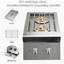FammyLoft Liquid Propane Double Side Burners, 2x15,000BTU Built-in Double Grill Burners, Convertible to Natural Gas, 304 Stainless Steel Double Burners with Lid for BBQ Grill Island, Outdoor Kitchen