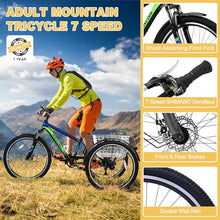 NAIZEA Adult Mountain Tricycle 7 Speed Three Wheel Cruiser Bike 24/26/27.5 Inch Trikes with Shopping Basket Black Blue Green