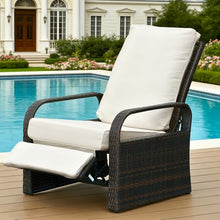 Skypatio Outdoor Recliner Wicker Patio Adjustable Recliner Chair with 5.5" Thick Cushions and Footrest,Rust-Resistant Aluminum Frame,All-Weather Resin Rattan, Brown& Cream