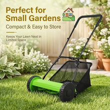Manual Reel Lawn Mower with Bag, Manganese Steel Blades, Adjustable Cutting Height 17-33mm, Perfect for Residential Lawns and Small Gardens(16in)