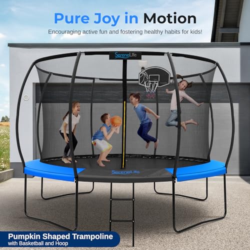 SereneLife 12ft Kids Trampoline with Net & Basketball Hoop Blue