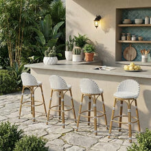 Christopher Knight Home Alura Outdoor French Counter Height Bar Stool Set of 4, Patio Garden PE Rattan Bar Chairs with Footrest+Metal Frame, Wicker Counter Stool for Kitchen Island, White+Black