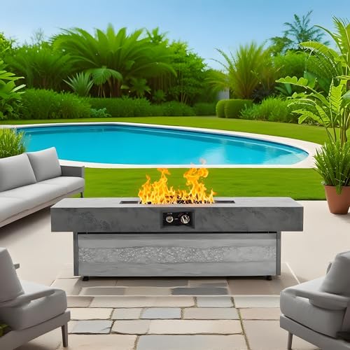Outdoor Propane Fire Pit Table Rectangle Patio Fireplace with Lid, 50000 BTU Gas Firepit Coffee Table, Adjustable Height Base, Electronic Ignition, Glass Stone Burner for Backyard Deck Garden