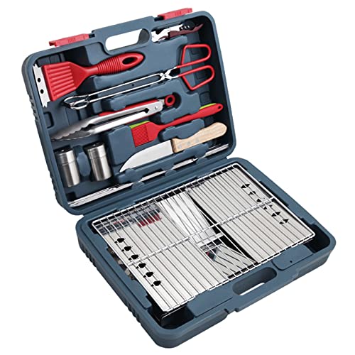 QIYUDS Heavy Duty BBQ Grilling Accessories, Grill Tools Set, Stainless Steel Grilling Kit with Barbecue Grill Fire Pit & Storage Case, for Camping, Tailgating