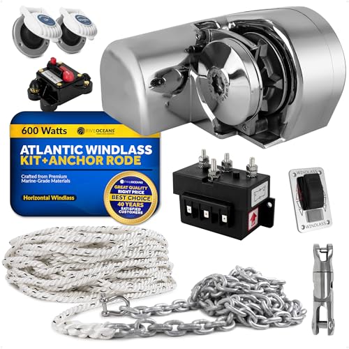Five Oceans Horizontal Windlass Kit 600W 12V DC with Rope & Chain Silver