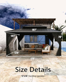 Hardtop Gazebo 12x16 ft, with Double Metal Roof, Net, and Curtain, Pergola for Patio, Deck, Backyard, Lawn, and Garden