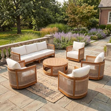 Christopher Knight Home Ayla 7-Seater Patio Furniture Set with Coffee Table, Set of 4 Outdoor Swivel Accent Chair and Sofa Set, 6 Piece Outdoor Acacia Wood Conversation Set with Cushion, Teak+Beige