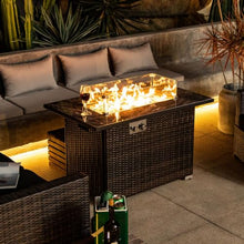 WOCFYK 44" Propane Gas Fire Pit Table, 50000 BTU Rectangular Fire Pit, Tile Tabletop with Beautiful Wicker Base for Outside Patio Deck Garden Courtyard-Brown