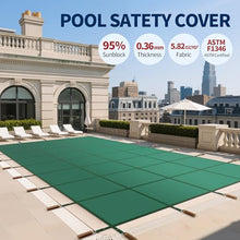 Inground Pool Safety Cover, Fit 28ftx48ft Rectangular Pool,Green High‑Strength PP Mesh with Double‑Layer Straps Triple Stitching, Includes Installation Tools