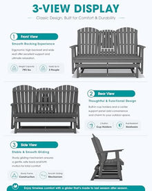 SERWALL 3 Seat Porch Glider Bench with Cup Holdersi and Pad Placement,Gray