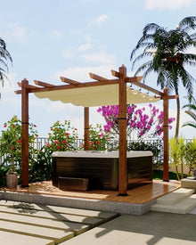 GarveeLife 10 x 10 ft Wood-Grain Aluminum Pergola Outdoor Pergola with Retractable Canopy Sun Shade Shelter for Garden, Patio, Backyard, Deck - Beige