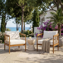 Christopher Knight Home Heidi Acacia Wood Outdoor Accent Chairs Set of 2, Mid-Century Modern Club Chairs with Cushions, Arm Chairs with Slatted Design, Lounge Chair Outdoor Backyard, Cream+Teak