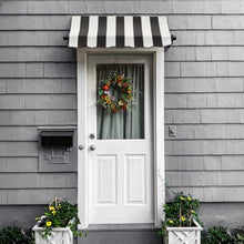 Awntech 3' Charleston (40.5"-24"-36") Sloped Fixed Awning with Scrolled Iron Arms, Black/White Stripe