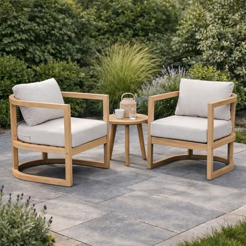 Christopher Knight Home Fido Acacia Wood Lounge Chair Outdoor Set of 2 with Cushion, Solid Wood Patio Accent Chair with PE Wicker Backrest, Patio Furniture Set Sofa Chair, Light Teak+Beige