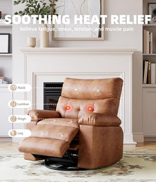 22 Inch Wide Manual Recliner Chair with Heat & Massage, 360° Swivel Rocking Lazy Boy Chair for Adults, PU Leather Single Sofa Recliner with Cup Holder for Living Room, Bedroom & Nursery