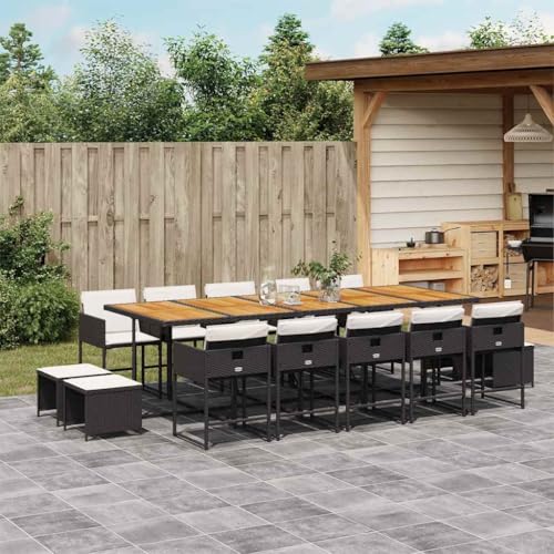 KGCRYUWED 15-Piece Garden Dining Set, Synthetic Rattan Patio Furniture with Acacia Wood Table Top, Weather-Resistant Outdoor Seating for 14, Black and Brown