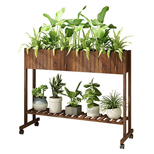 ZHOUYANB Flower Pot Display Rack Modern Wooden Stand With 2 Tiers Living Room Balcony Floor-standing Plant Pulley Garden