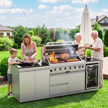 96-Inch Outdoor Kitchen Island Grill, 6-Burner 85,000 BTU Stainless Steel BBQ with Refrigerator, Sink, Rotisserie Kit, Granite Countertops & Storage Cabinets (Silver)
