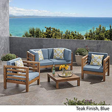 GDFStudio Outdoor 4 Seater Acacia Wood Loveseat Chat Set, Teak Finish and Blue