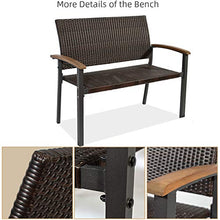Rattan Patio Garden Bench, Outdoor Wicker Rattan Bench, Rattan Loveseat Set Chair Curved Backrest and Armrest, Ideal for Outdoor, Porch, Patio Furniture Chair w/Rattan Style