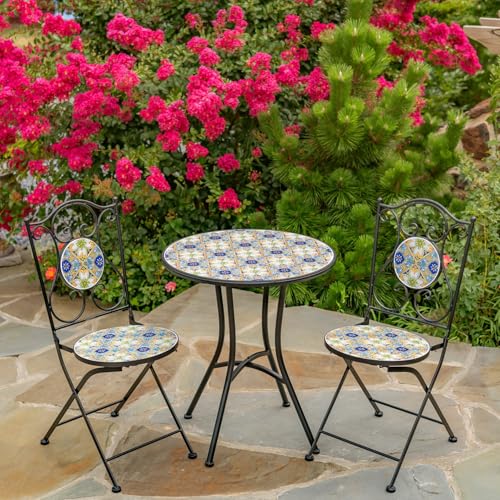 Zaer Ltd. Mosaic Tile Furniture with Black Metal Frame and Patterned Tile Tops (Bar Harbor - Black/Blue/Green, Bistro Set (2 Chairs, 1 Table))