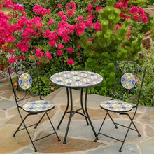 Zaer Ltd. Mosaic Tile Furniture with Black Metal Frame and Patterned Tile Tops (Bar Harbor - Black/Blue/Green, Bistro Set (2 Chairs, 1 Table))