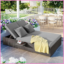 2 Person Reclining Chair Set with Cup Holders Outdoor Wicker Rattan Double Sunbed with 5 Position Adjustable Backrest and Seat Conversational Set for Patio Poolside, Gray