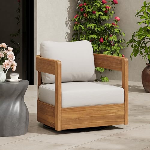 Christopher Knight Home Telluride Outdoor Acacia Wood Swivel Club Chair with Removable Cushion, 360° Rotating Patio Armchair for Garden, Balcony, or Poolside Seating, Teak + Beige